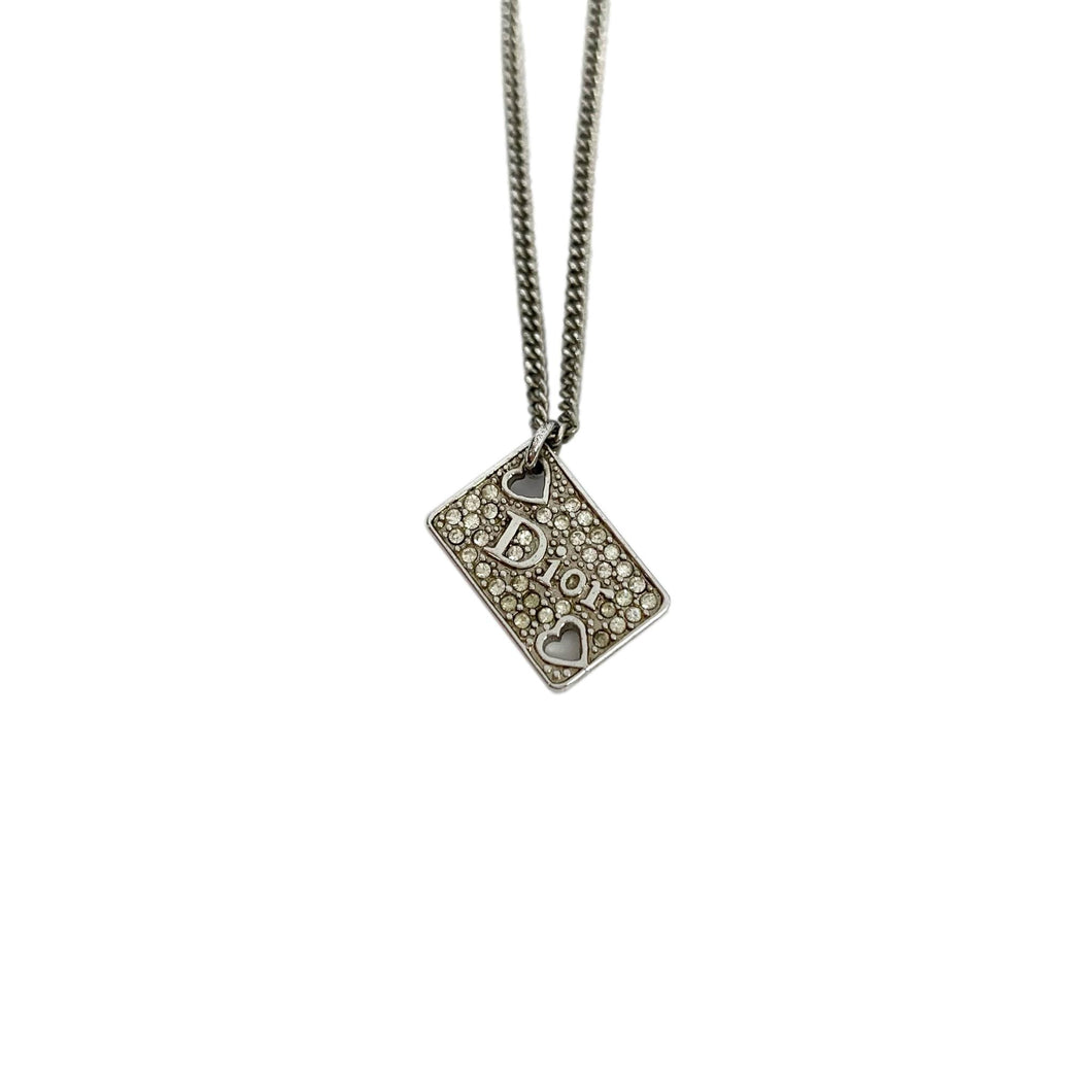 Dior Silver Spellout Rhinestone Dog Tag Necklace