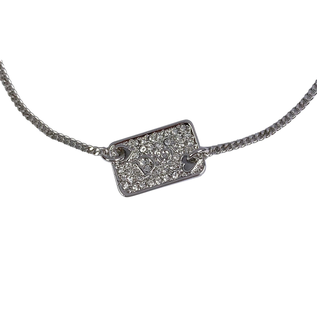 Dior Silver Spellout Rhinestone Dog Tag Bracelet