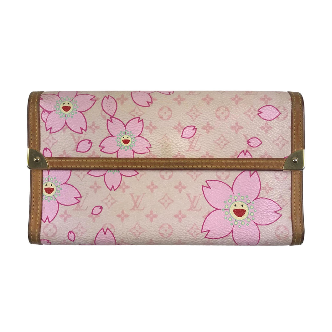 Louis Vuitton x Takashi Murakami Monogram Cherry Blossom Porte Tresor International Wallet Pink