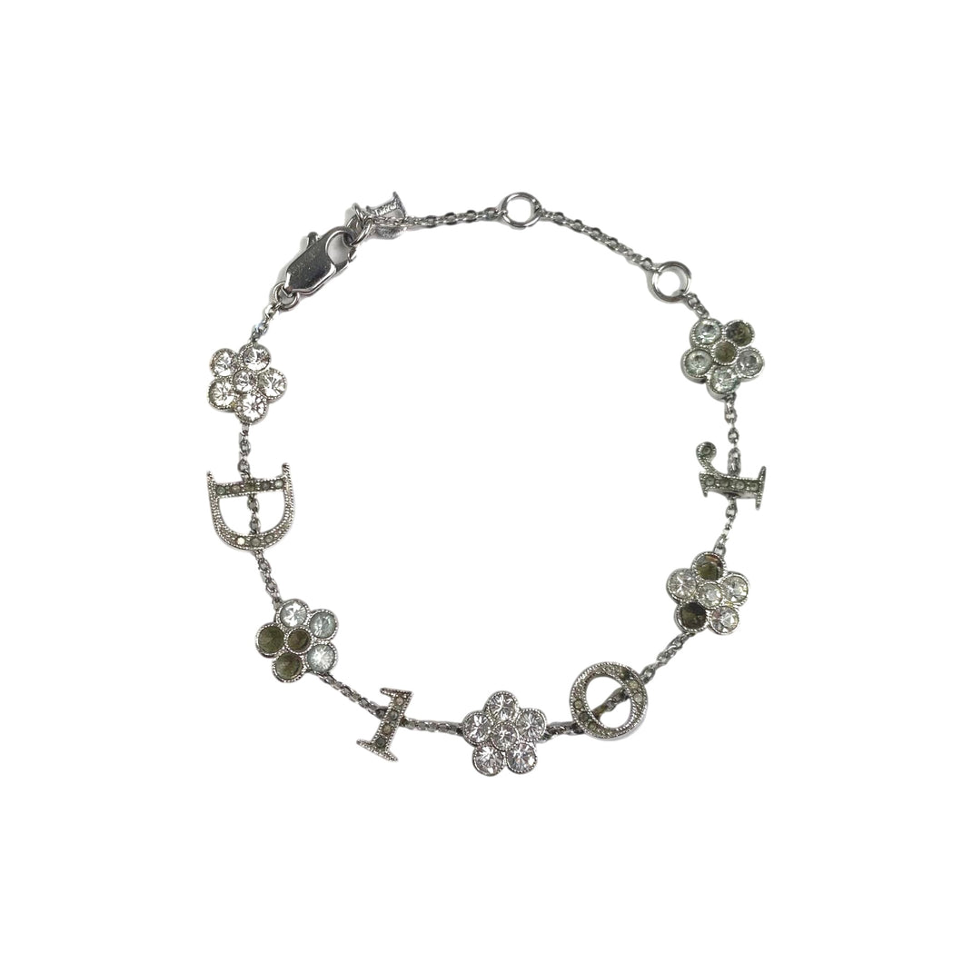 Dior Silver Spellout Rhinestone Flower Motif Bracelet